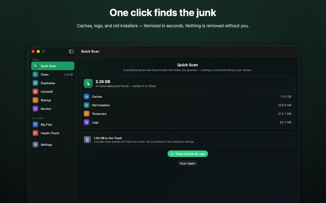 ClutClean Quick Scan finding 2.25 GB of removable junk