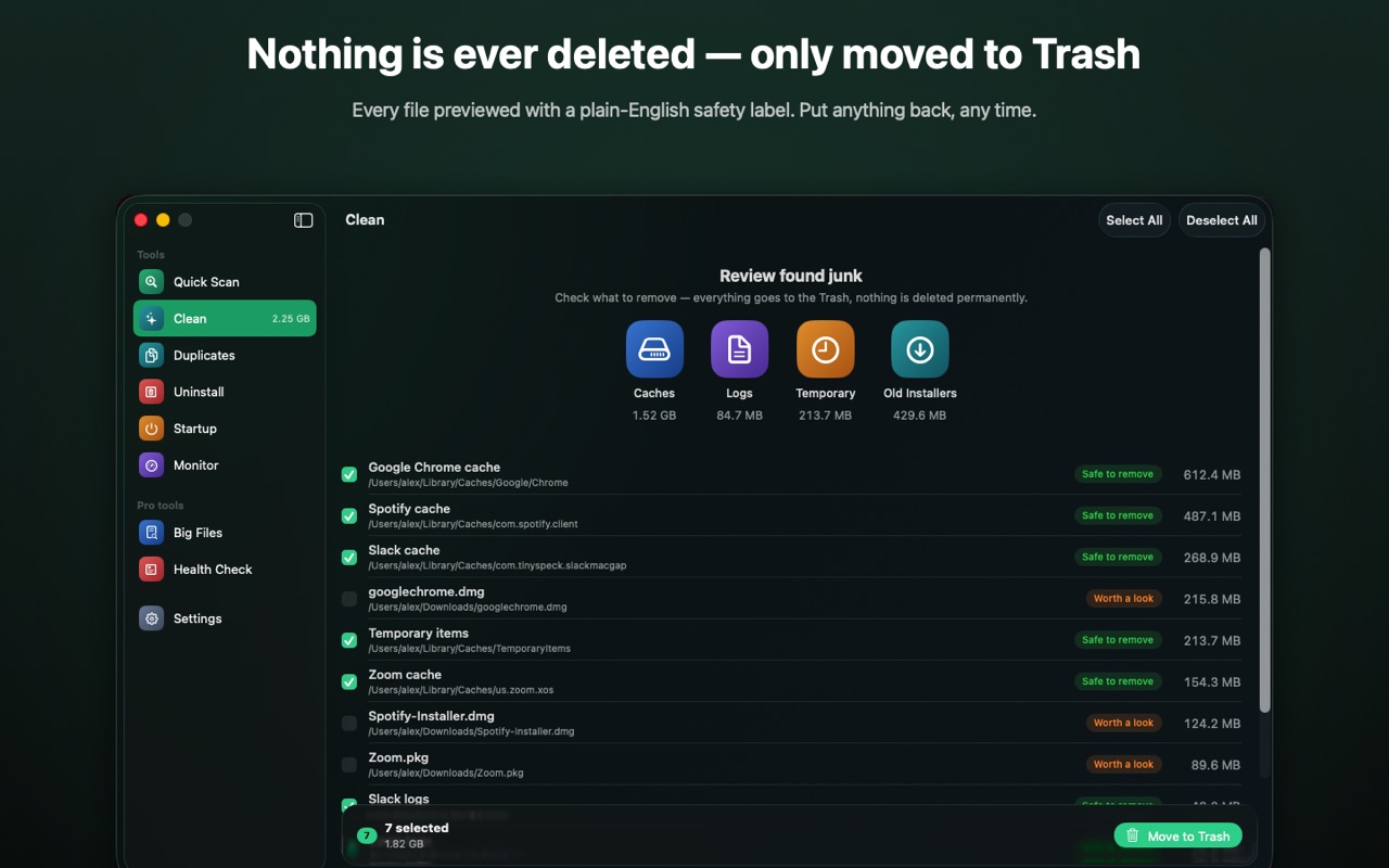 Clean — nothing is ever deleted, only moved to Trash