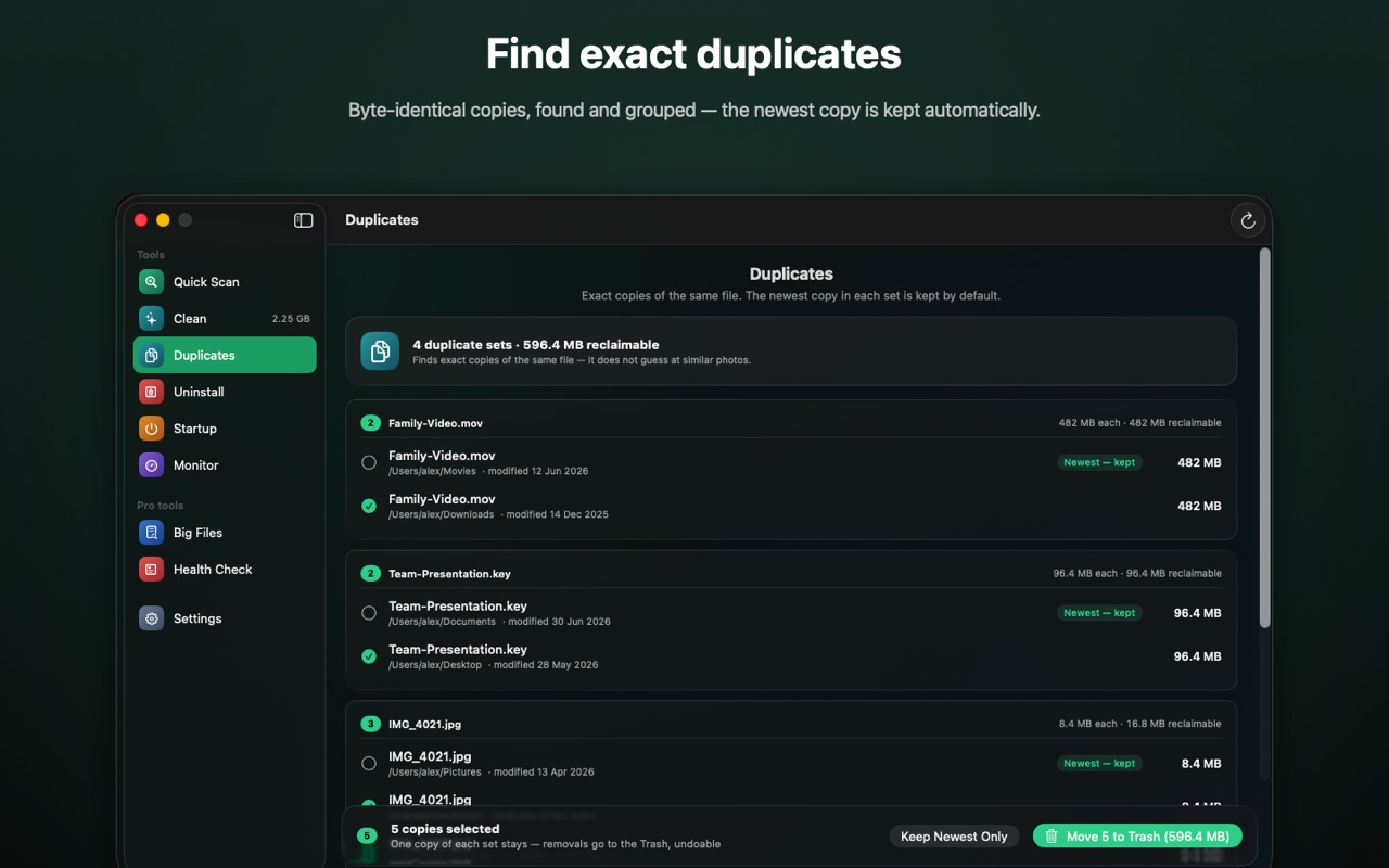 Duplicates — find exact duplicate files